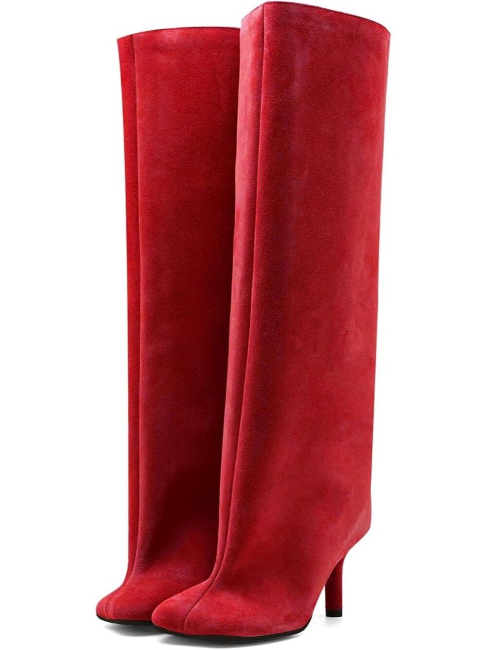 Women's All Red Wide Calf Square Toe Stiletto Heels Tall Knee High Suede Boot